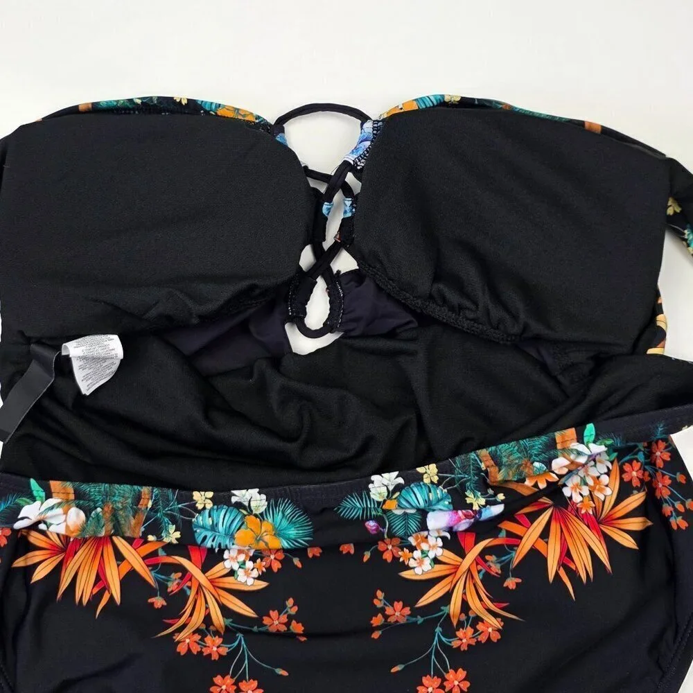 Kenneth Cole Off Shoulder Floral Tropical Stripe One Piece Swim Suit NEW - L - Picture 8 of 11